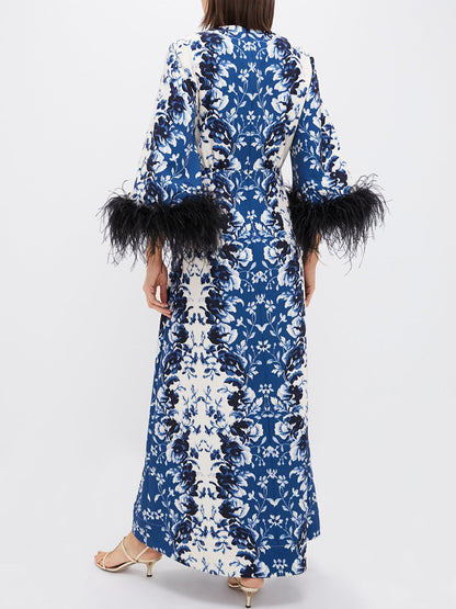 Feather Cuffs Printed Maxi Dress