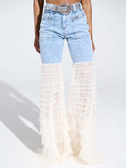 Ruffled Patchwork High Waist Jeans