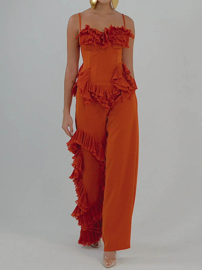 Spaghetti Straps Elaborate Pleated Ruffles Two Pieces Set