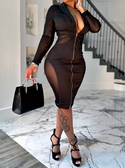 Deep V Neck Mesh Patchwork Stretch Dress