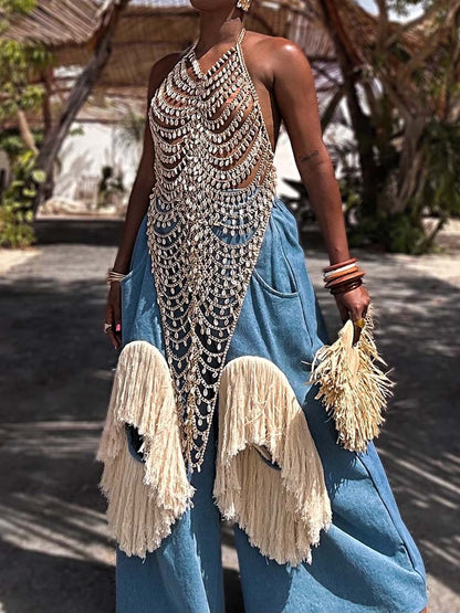Halter Neck Sexy Hollowed Out Vest & Tassel Pants