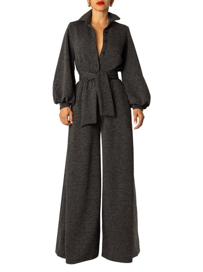 Button Lapel Wide Leg Jumpsuit