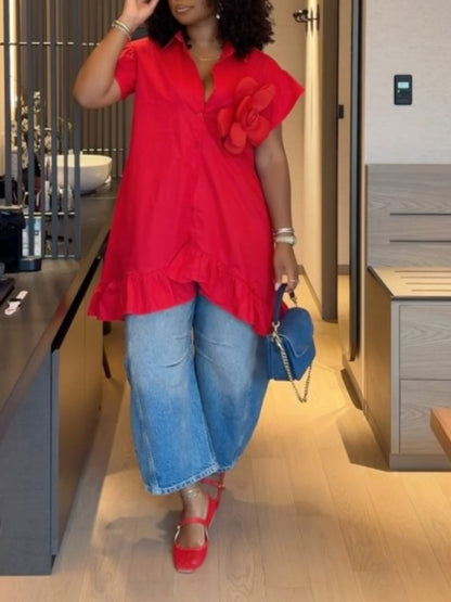 Irregular Ruffle Hem Flower Button Down Loose Shirt Dress