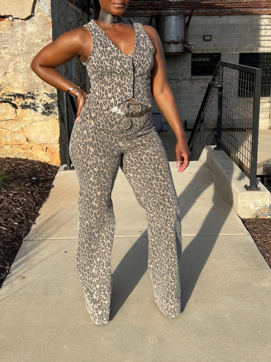 Chic Leopard Denim Two-piece Set