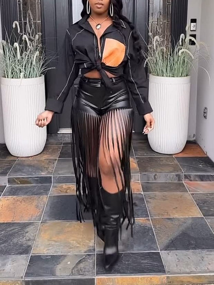 Imitation Leather Fringed Pants