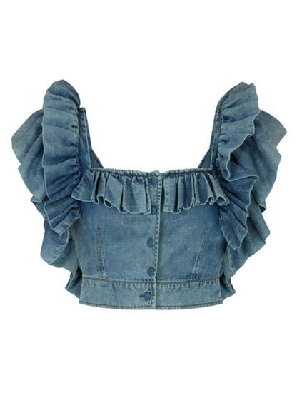 Denim Ruffled Off Shoulder Two Pieces Dress