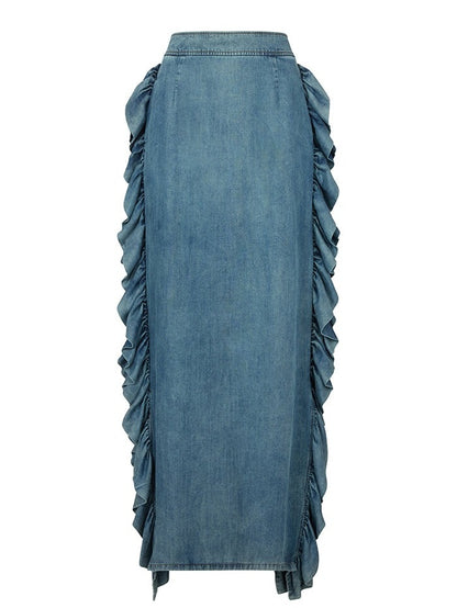 Denim Ruffled Off Shoulder Two Pieces Dress