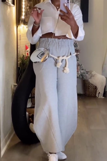 Grey Wide-Leg Pants With Rope Belt