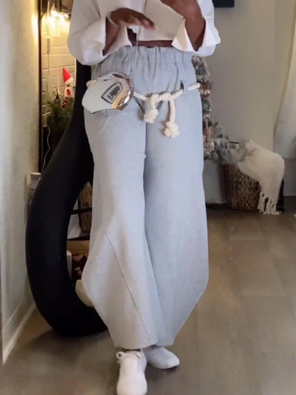 Grey Wide-Leg Pants With Rope Belt