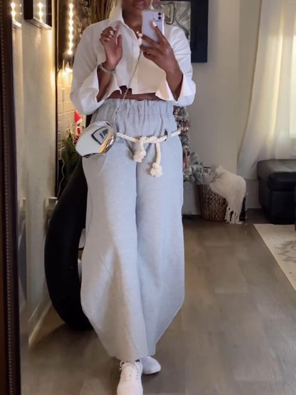 Grey Wide-Leg Pants With Rope Belt