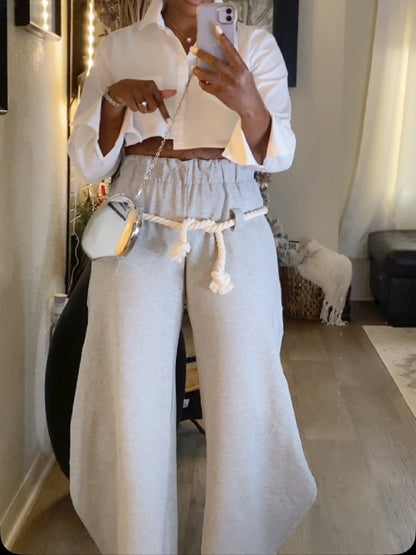 Grey Wide-Leg Pants With Rope Belt