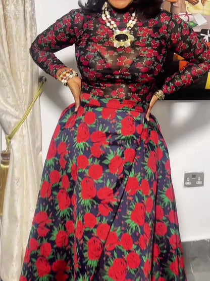 Printed Long Sleeve And Slit A-Line Skirt Set