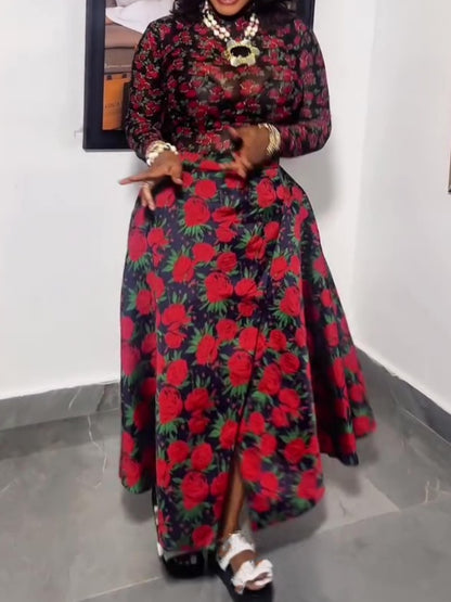 Printed Long Sleeve And Slit A-Line Skirt Set