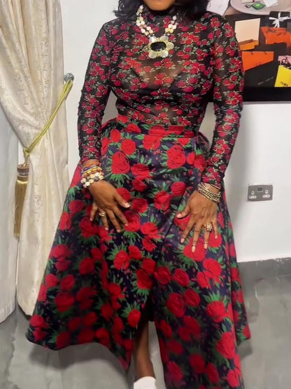 Printed Long Sleeve And Slit A-Line Skirt Set