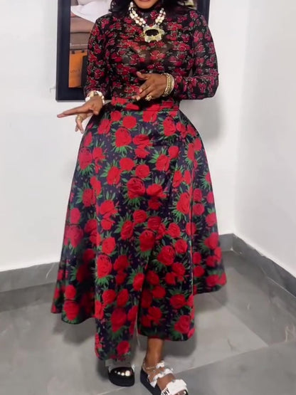 Printed Long Sleeve And Slit A-Line Skirt Set