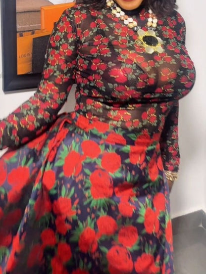 Printed Long Sleeve And Slit A-Line Skirt Set