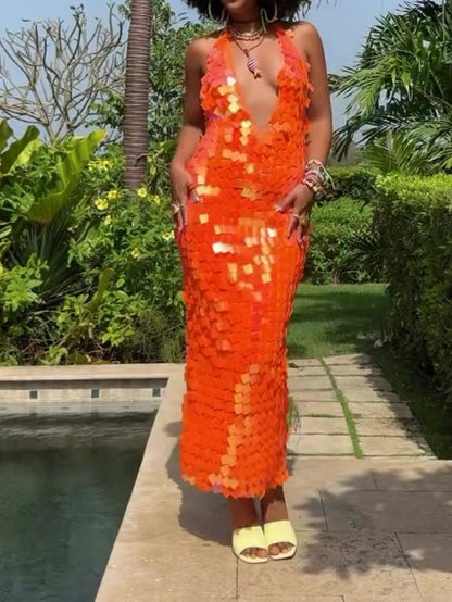 Deep V Neck Sequin Gown Dress