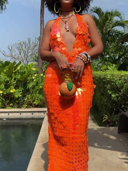 Deep V Neck Sequin Gown Dress