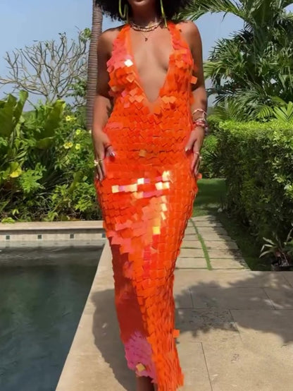 Deep V Neck Sequin Gown Dress