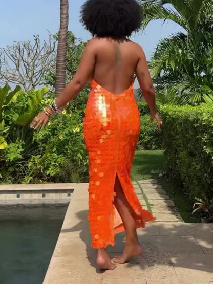 Deep V Neck Sequin Gown Dress