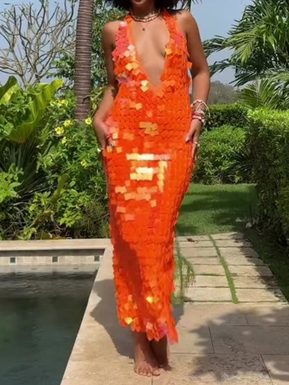 Deep V Neck Sequin Gown Dress