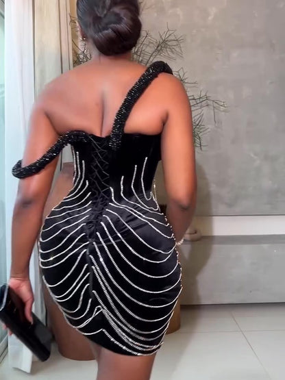 Fashion Net Yarn Hot Diamond Suspender Mini Dress