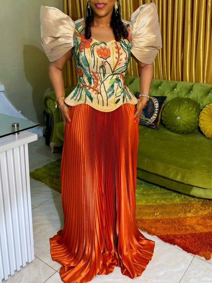 Fashion Sequin Printed Top Pressure Pleated Half-body Skirt Set