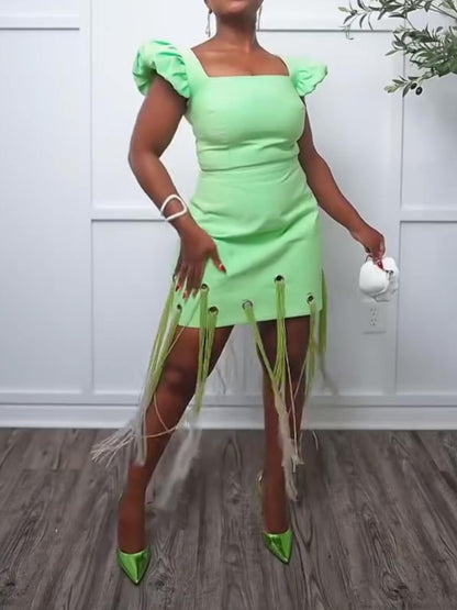 Square Neck Hem Fringed Short Dress