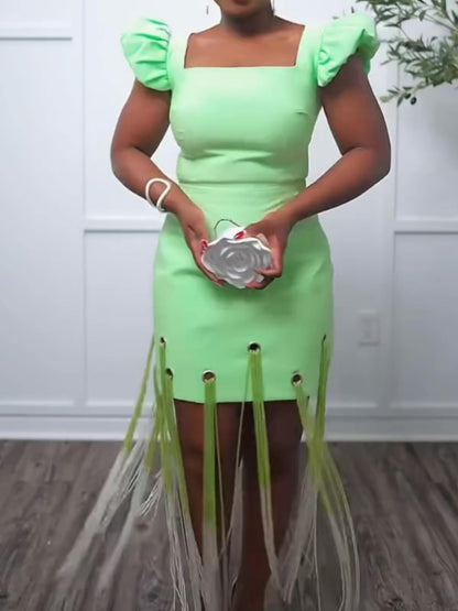 Square Neck Hem Fringed Short Dress