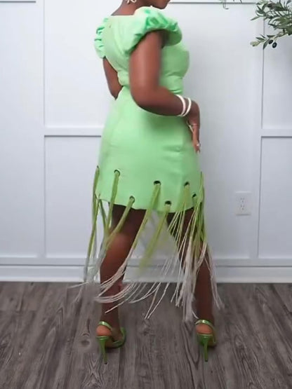 Square Neck Hem Fringed Short Dress