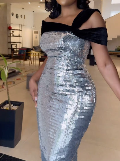 Slant Shoulder Sequin Evening Maxi Dress