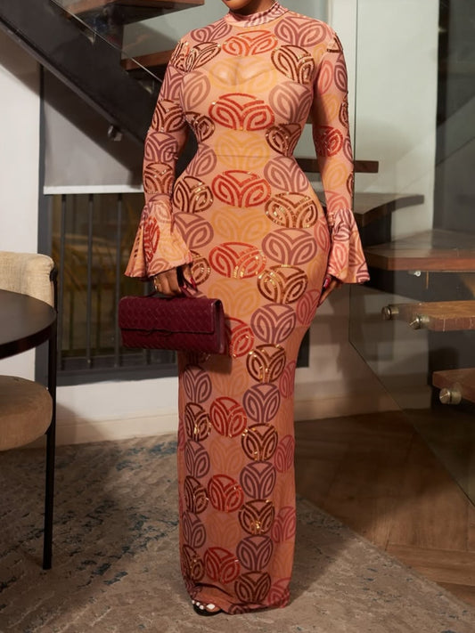 Elegant Printed Round Neck Flared Sleeve Maxi Dress