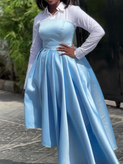 Chic Patchwork Shirt Blue Gown Dress