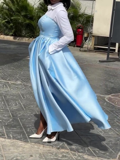 Chic Patchwork Shirt Blue Gown Dress