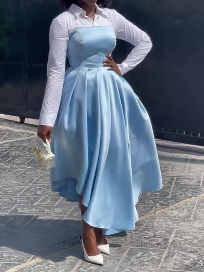 Chic Patchwork Shirt Blue Gown Dress