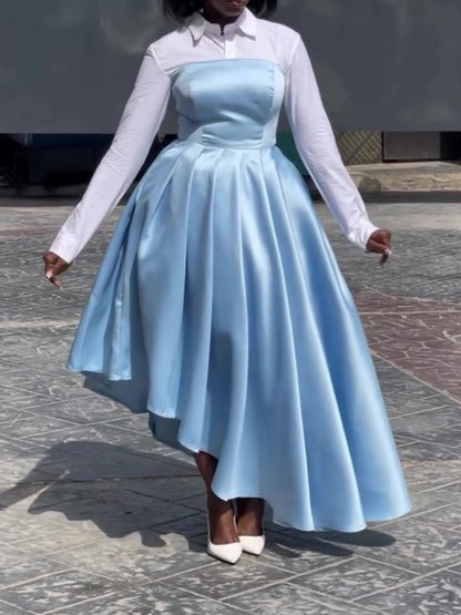 Chic Patchwork Shirt Blue Gown Dress