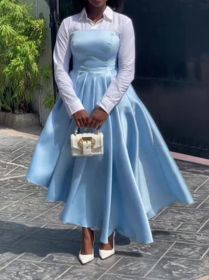 Chic Patchwork Shirt Blue Gown Dress