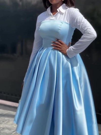 Chic Patchwork Shirt Blue Gown Dress