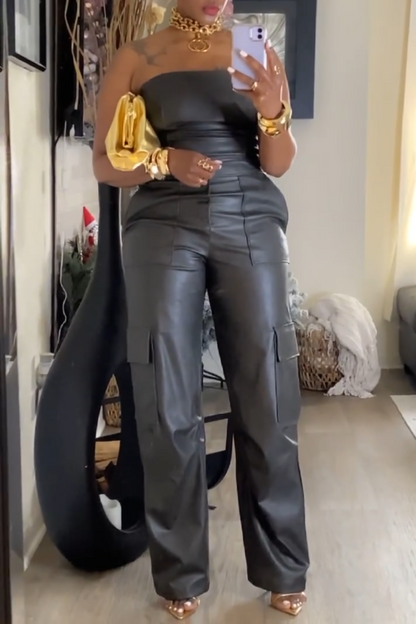 Off The Shoulder Tube Top Tight Waist PU Leather Jumpsuit
