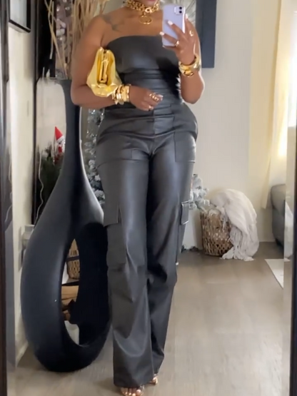 Off The Shoulder Tube Top Tight Waist PU Leather Jumpsuit
