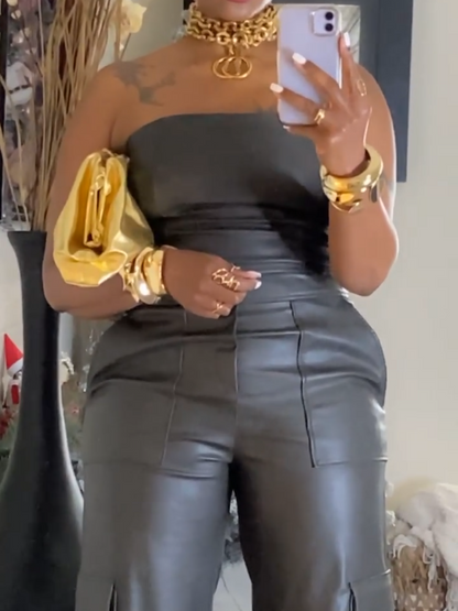 Off The Shoulder Tube Top Tight Waist PU Leather Jumpsuit