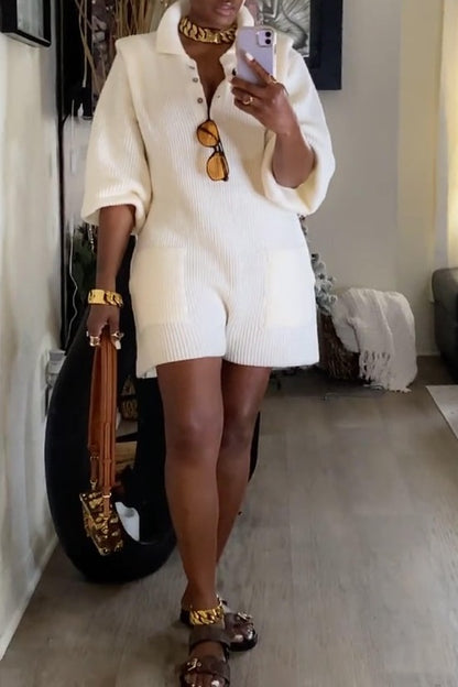 Lapel Button-down Knitted Jumpsuit