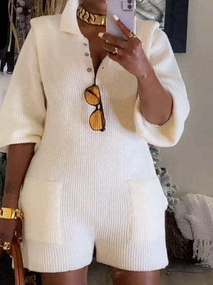 Lapel Button-down Knitted Jumpsuit