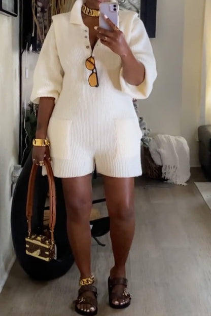 Lapel Button-down Knitted Jumpsuit