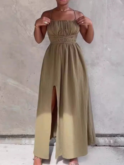 Strapless Lace-up Backless Strap Split Dress