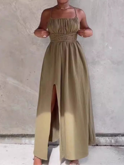 Strapless Lace-up Backless Strap Split Dress