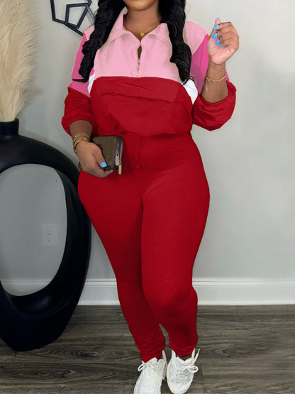 Zip-Up Colour Block Sweatshirt Leggings Athletic Two Piece Set