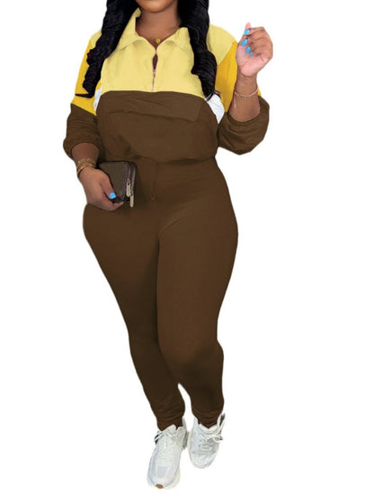 Zip-Up Colour Block Sweatshirt Leggings Athletic Two Piece Set