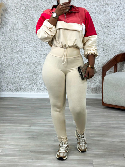 Zip-Up Colour Block Sweatshirt Leggings Athletic Two Piece Set