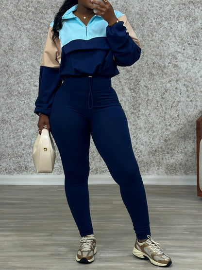 Zip-Up Colour Block Sweatshirt Leggings Athletic Two Piece Set